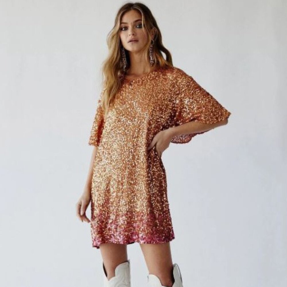 Free People Jen's Pirate Booty Black Water Mini Gold & Pink Ombre Dress